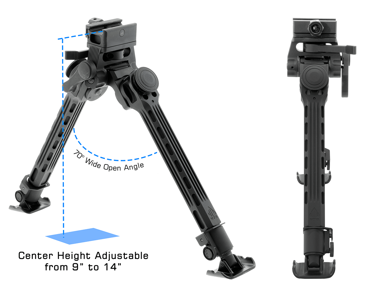 UTG BIG BORE FULL STABILITY BIPOD, 9"-14" CENTER HEIGHT
