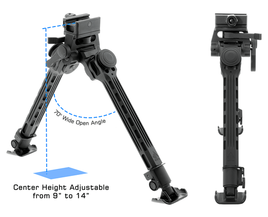 UTG BIG BORE FULL STABILITY BIPOD, 9"-14" CENTER HEIGHT